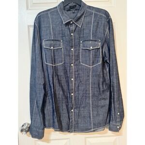 Distressed Denim Shirt Mens XXL Blue Button Up Long Sleeve